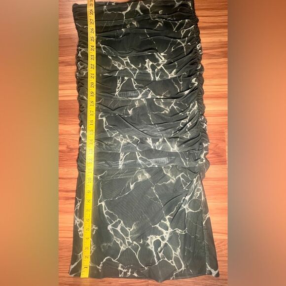 Zara Deep Green Marble Print Mesh Ruched Midi Skirt Size Small - Picture 4 of 7